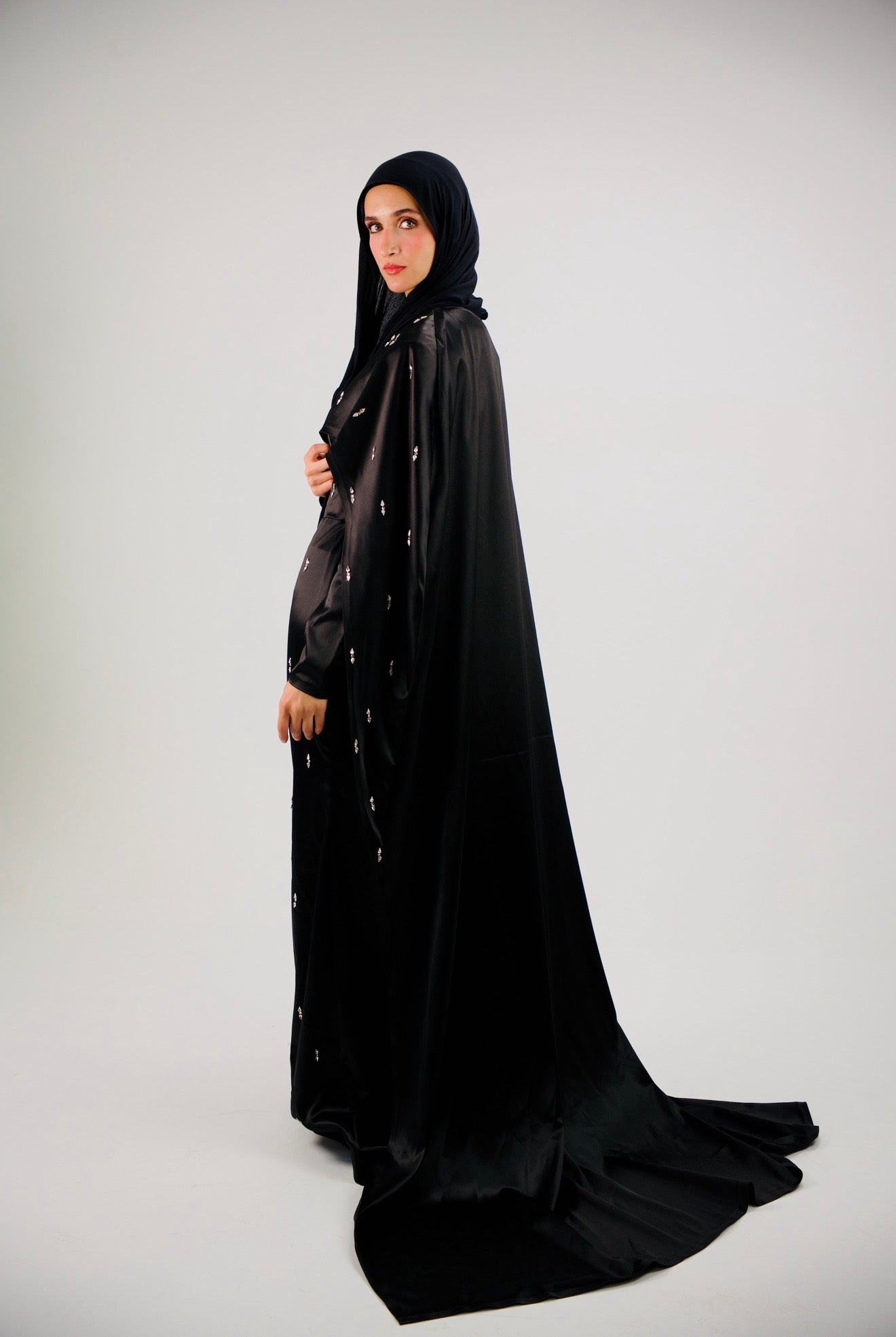 Black Crystal-Embellished Cape two piece Dress