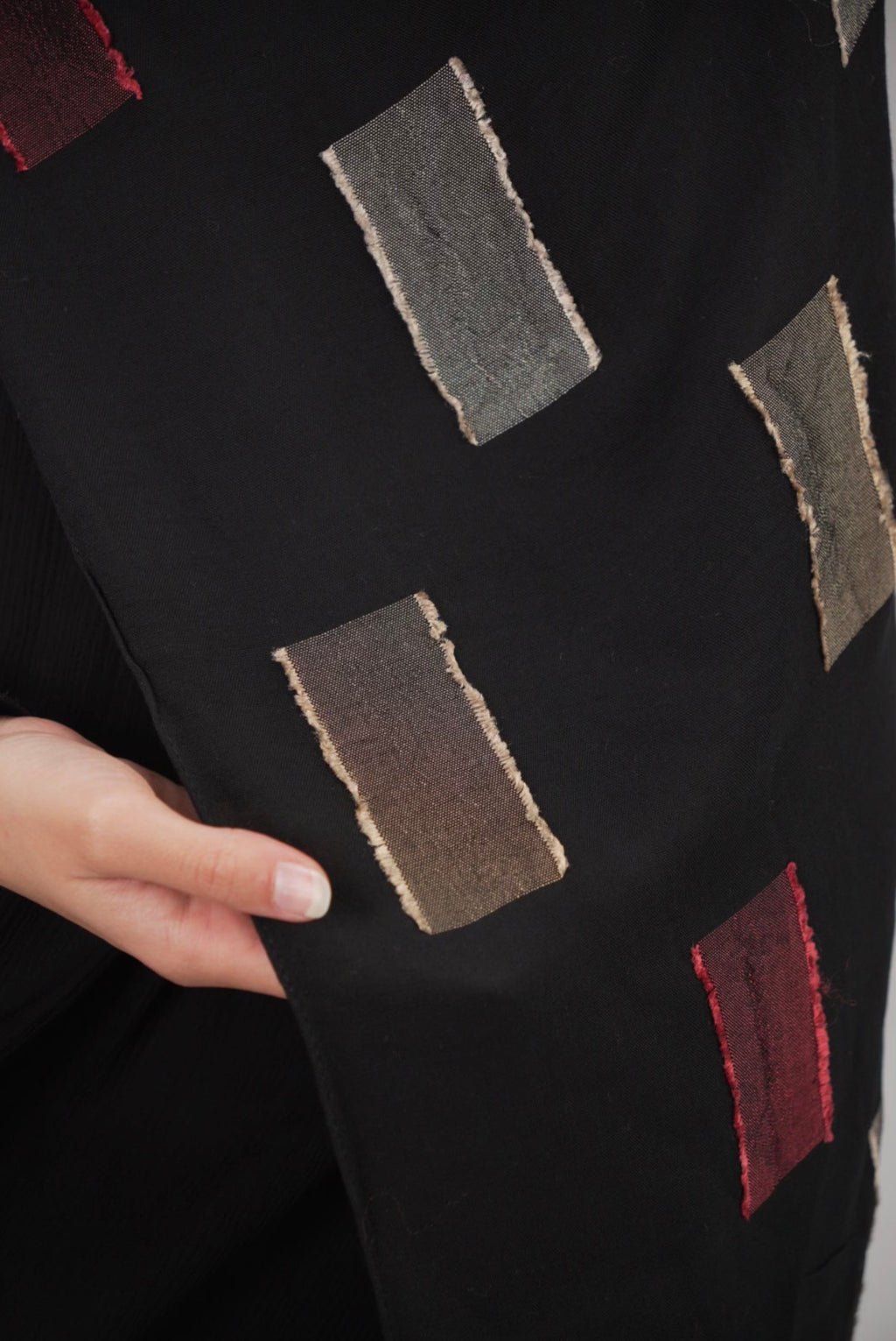 Luxury Embroidered Cotton Scarf Black with Burgundy & Gold Accents