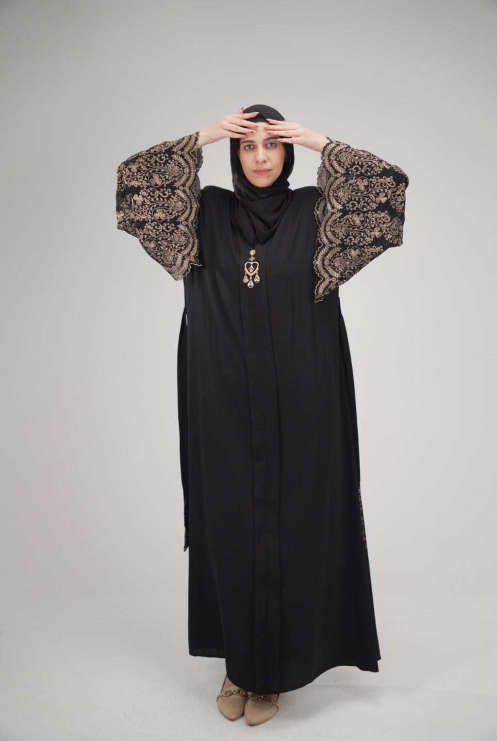 Elegant Midnight Noir Abaya with Scalloped Lace Bell Sleeves