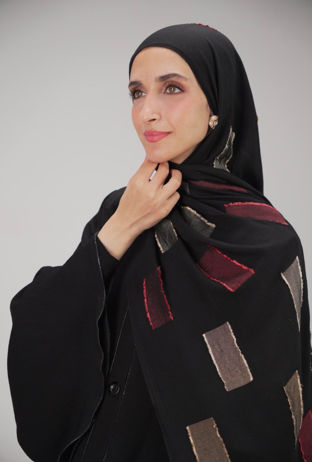 Luxury Embroidered Cotton Scarf Black with Burgundy & Gold Accents