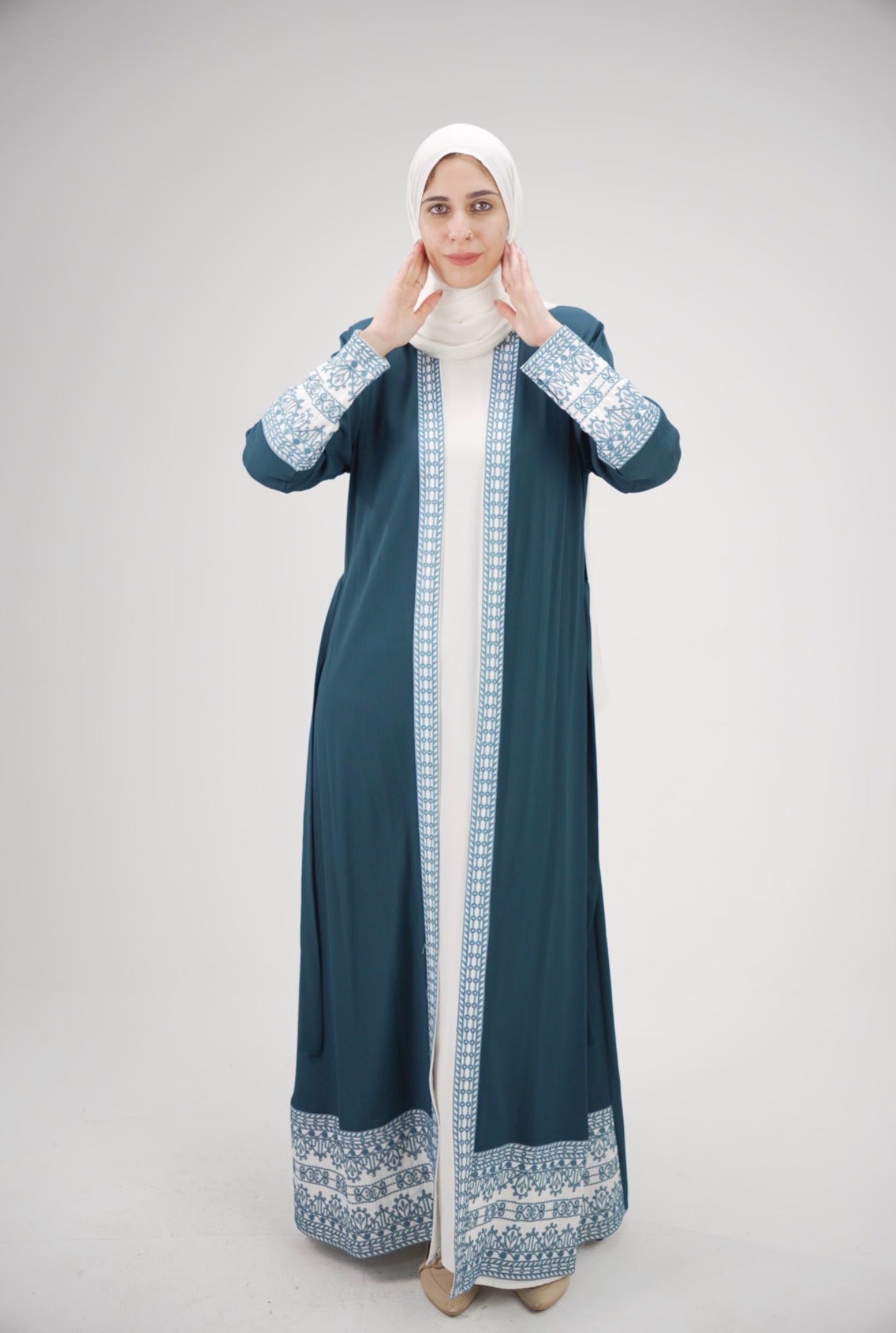 Elegant Light petrol blue & Ivory Embroidered Abaya