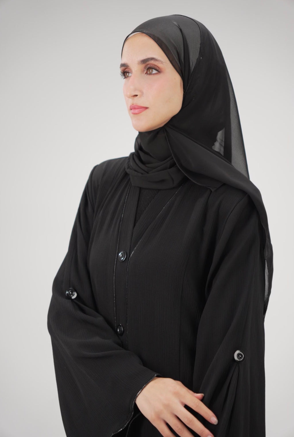 Noir Button-Front Abaya with Wide Kimono Sleeves