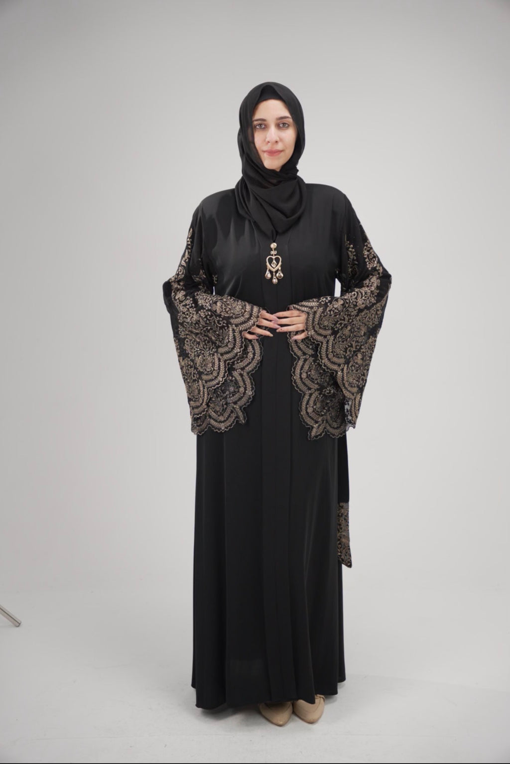 Elegant Midnight Noir Abaya with Scalloped Lace Bell Sleeves