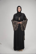 Elegant Midnight Noir Abaya with Scalloped Lace Bell Sleeves