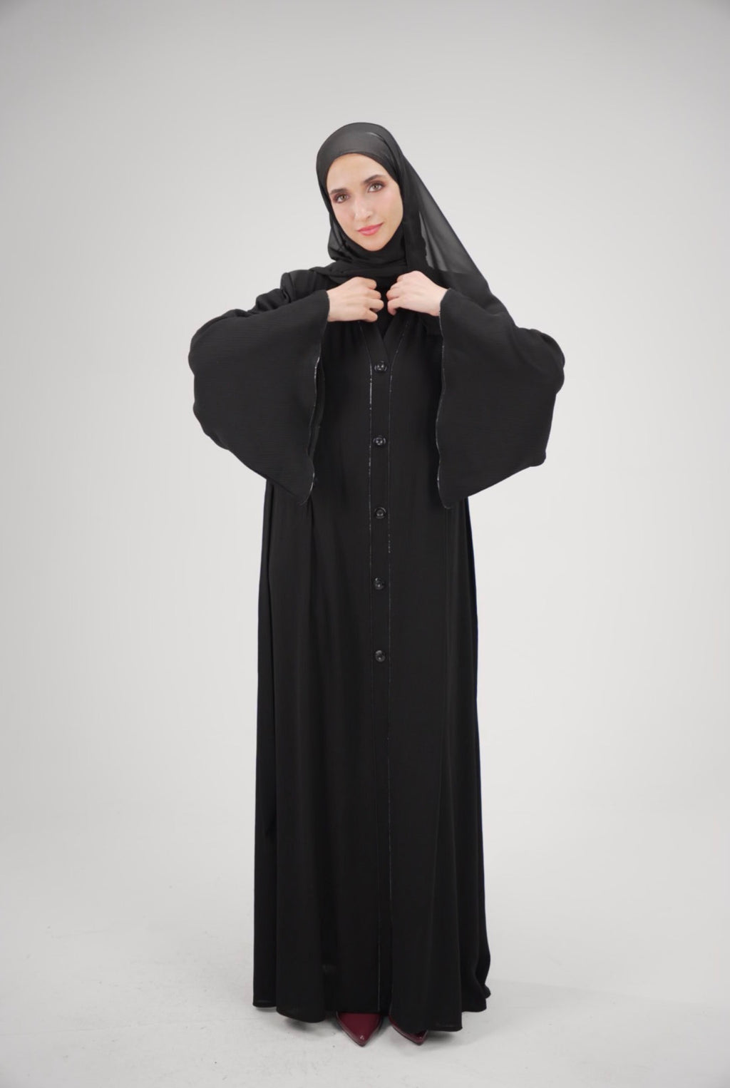 Noir Button-Front Abaya with Wide Kimono Sleeves