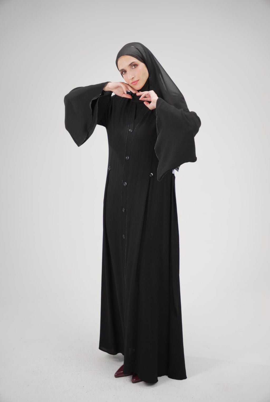 Noir Button-Front Abaya with Wide Kimono Sleeves