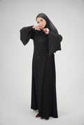 Noir Button-Front Abaya with Wide Kimono Sleeves