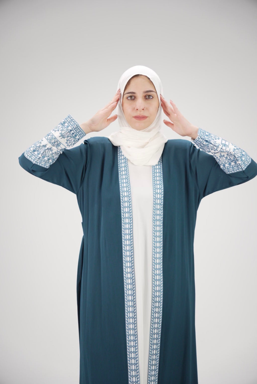 Elegant Light petrol blue & Ivory Embroidered Abaya