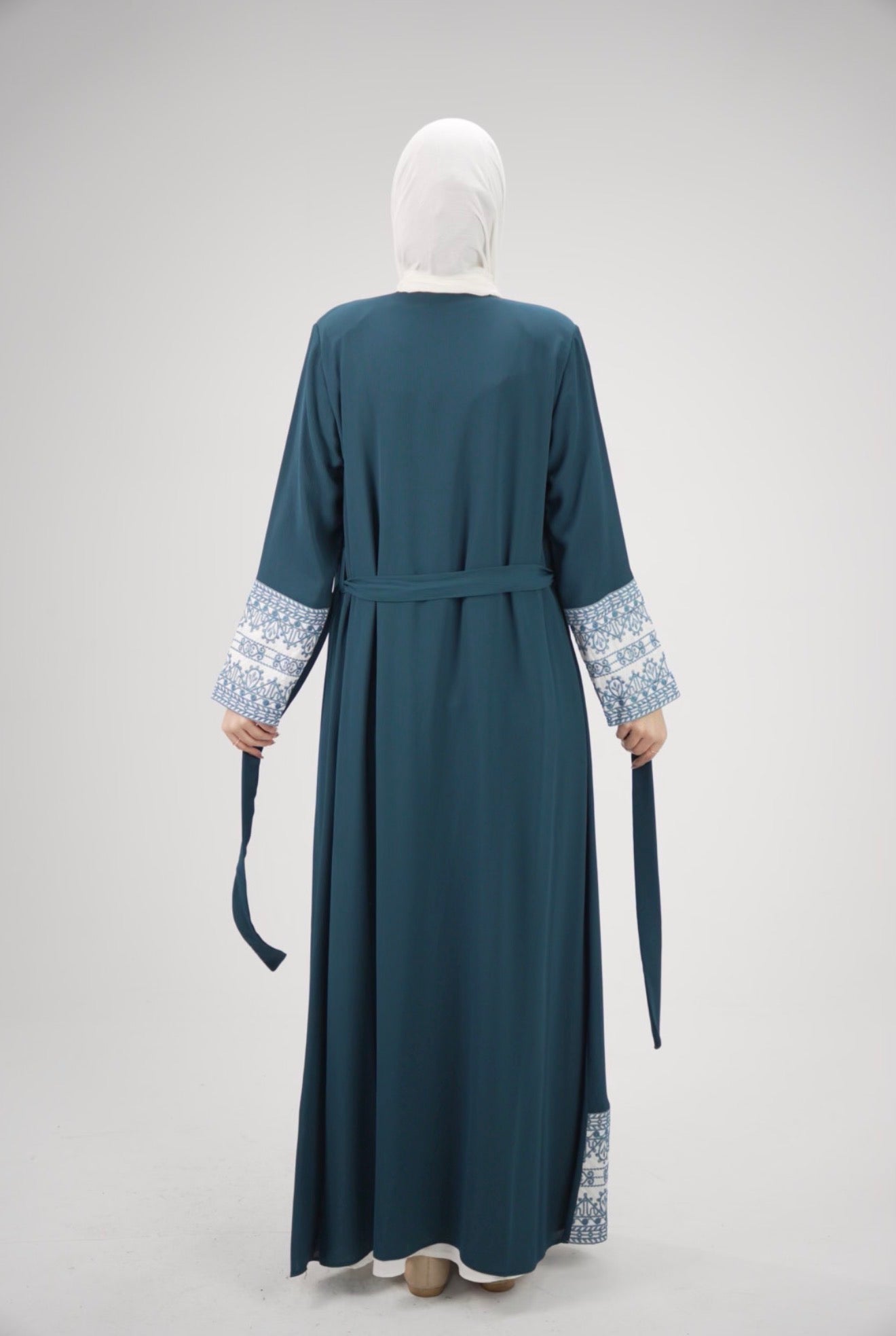 Elegant Light petrol blue & Ivory Embroidered Abaya