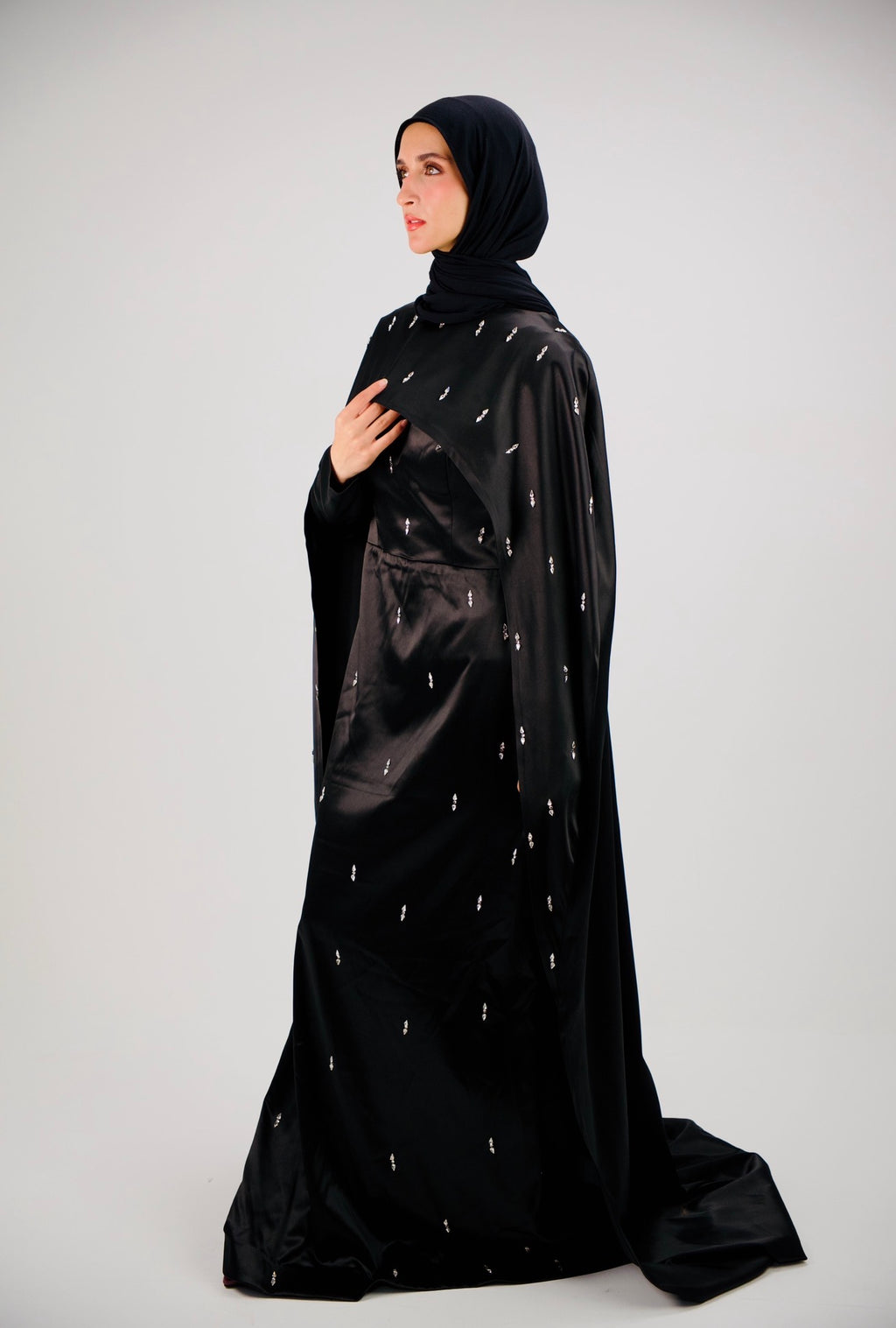 Black Crystal-Embellished Cape two piece Dress