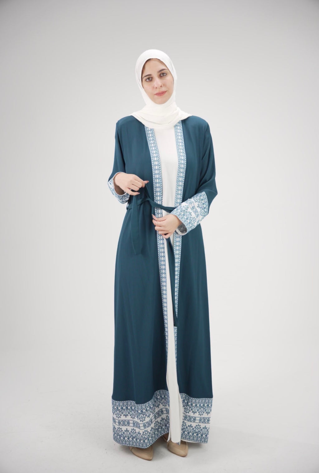 Elegant Light petrol blue & Ivory Embroidered Abaya