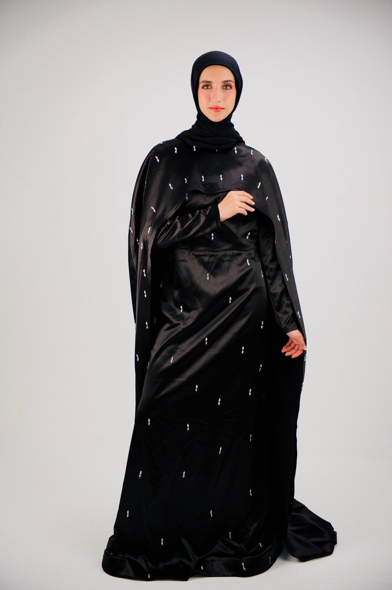 Black Crystal-Embellished Cape two piece Dress