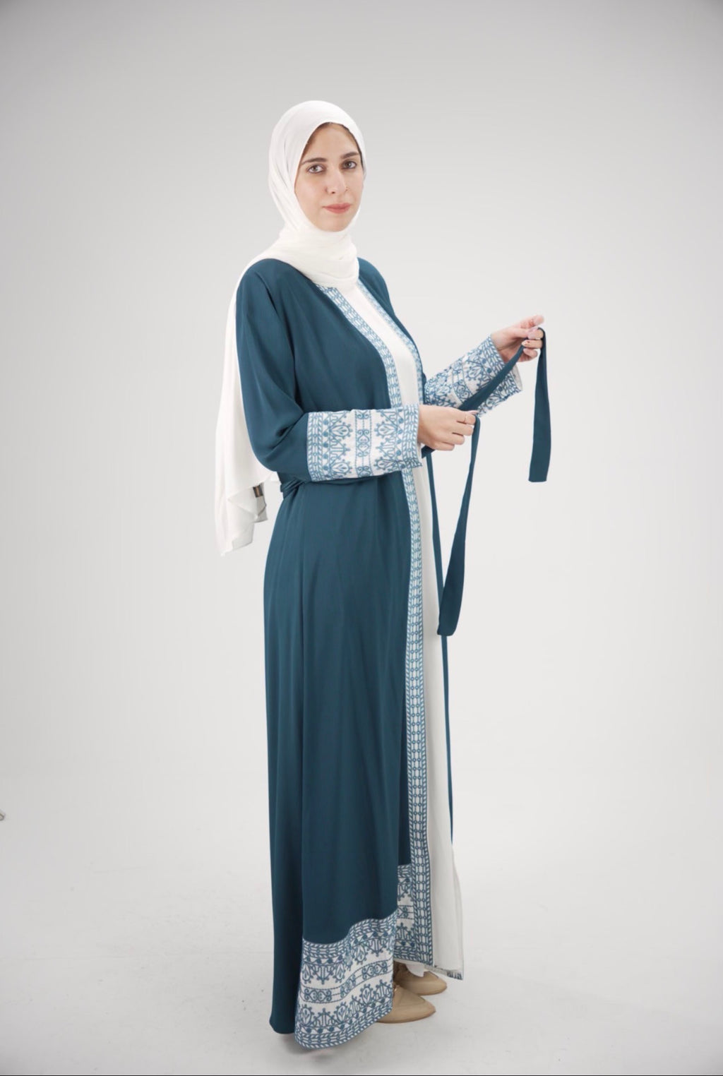 Elegant Light petrol blue & Ivory Embroidered Abaya