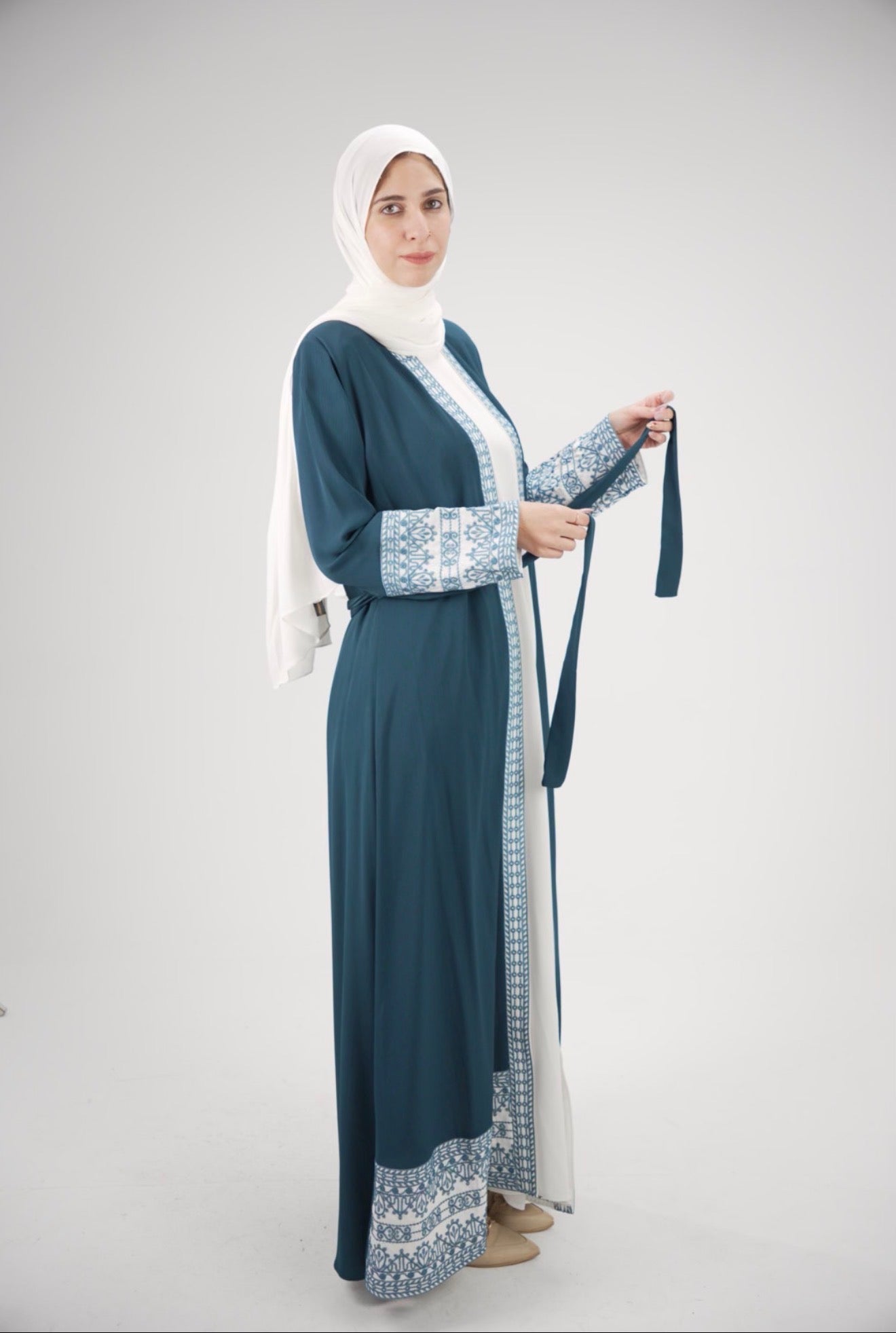 Elegant Light petrol blue & Ivory Embroidered Abaya