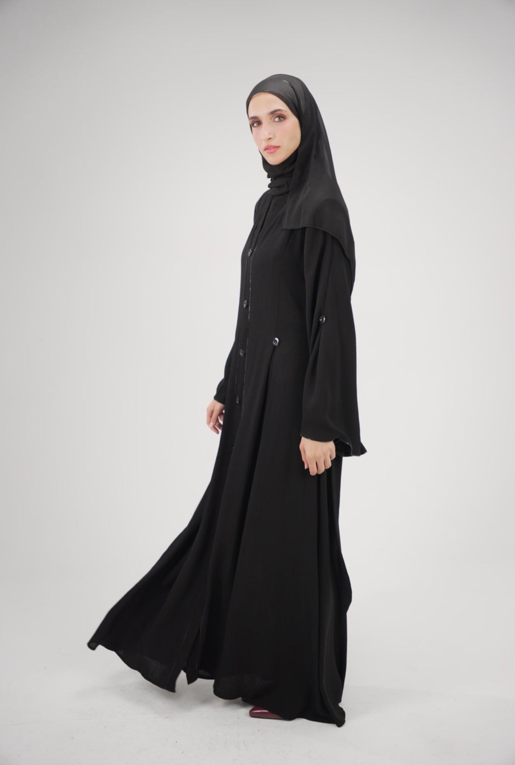 Noir Button-Front Abaya with Wide Kimono Sleeves