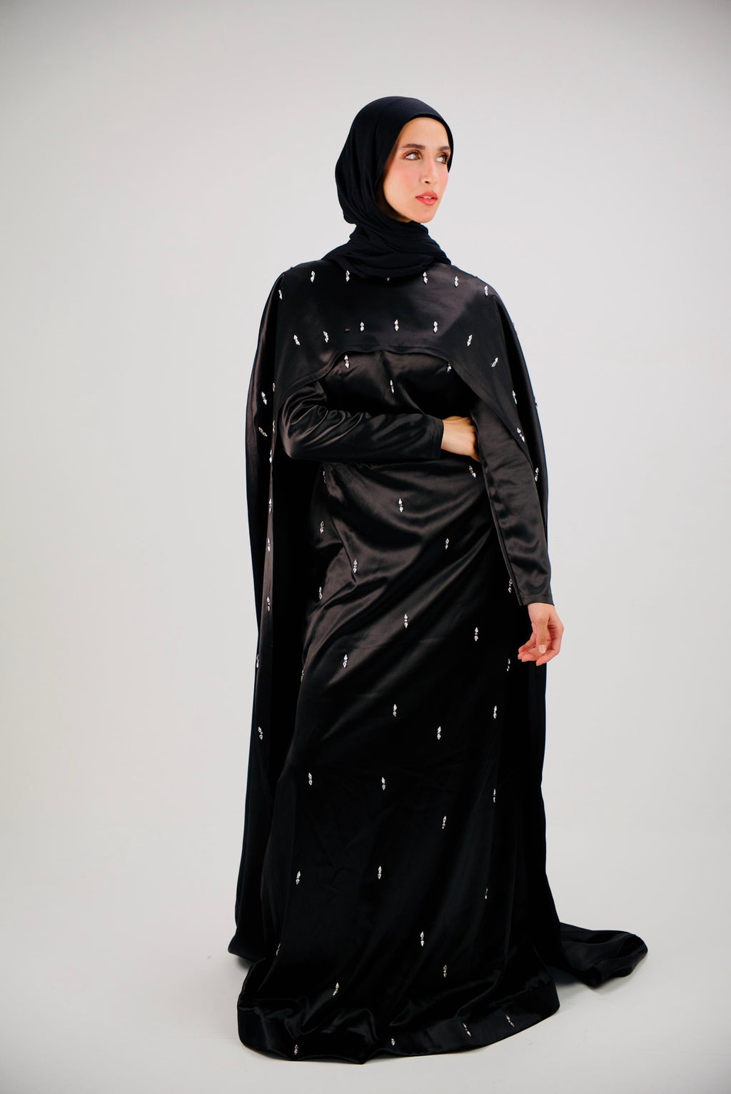 Black Crystal-Embellished Cape two piece Dress