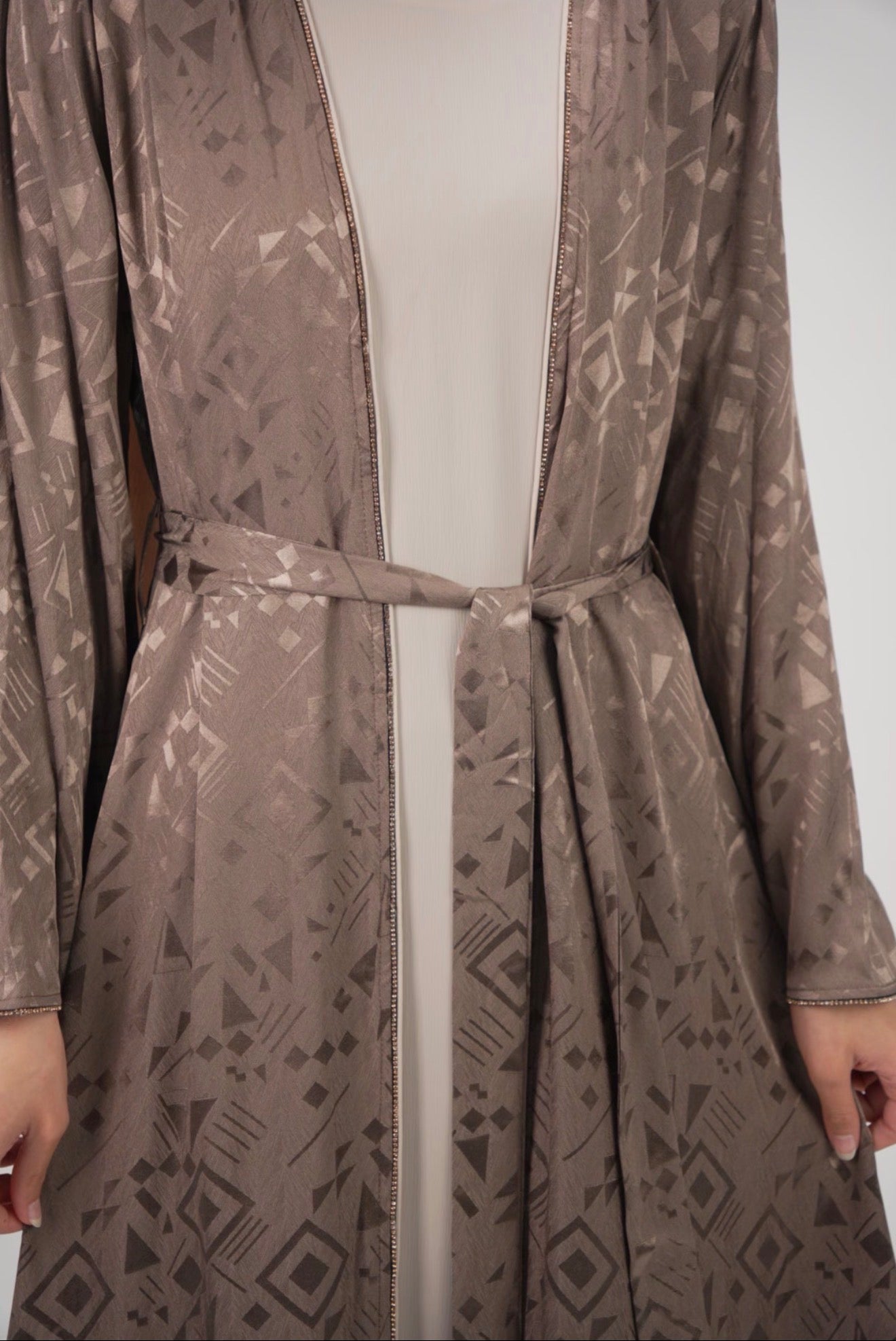 Geometric two piece Luxe Open Abaya – Earth Tones & Satin Finish Mocha Brown