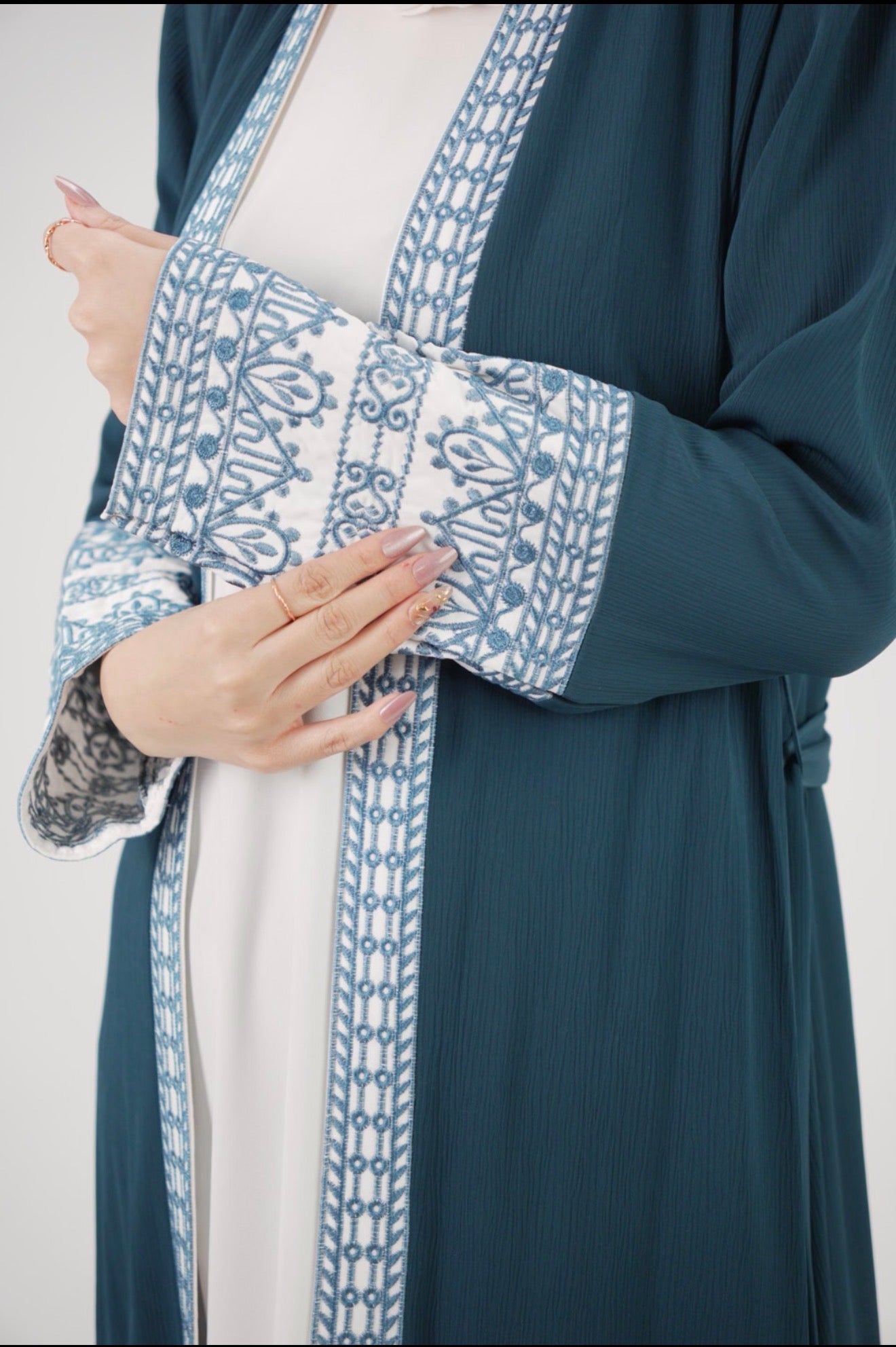Elegant Light petrol blue & Ivory Embroidered Abaya
