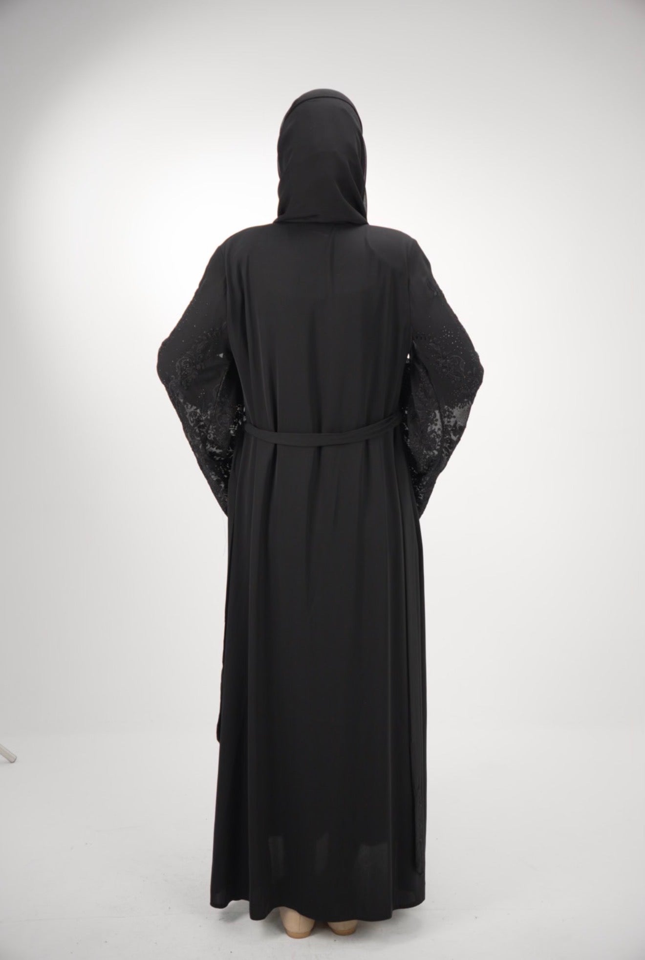 Elegant Midnight Noir Abaya with Scalloped Lace Bell Sleeves