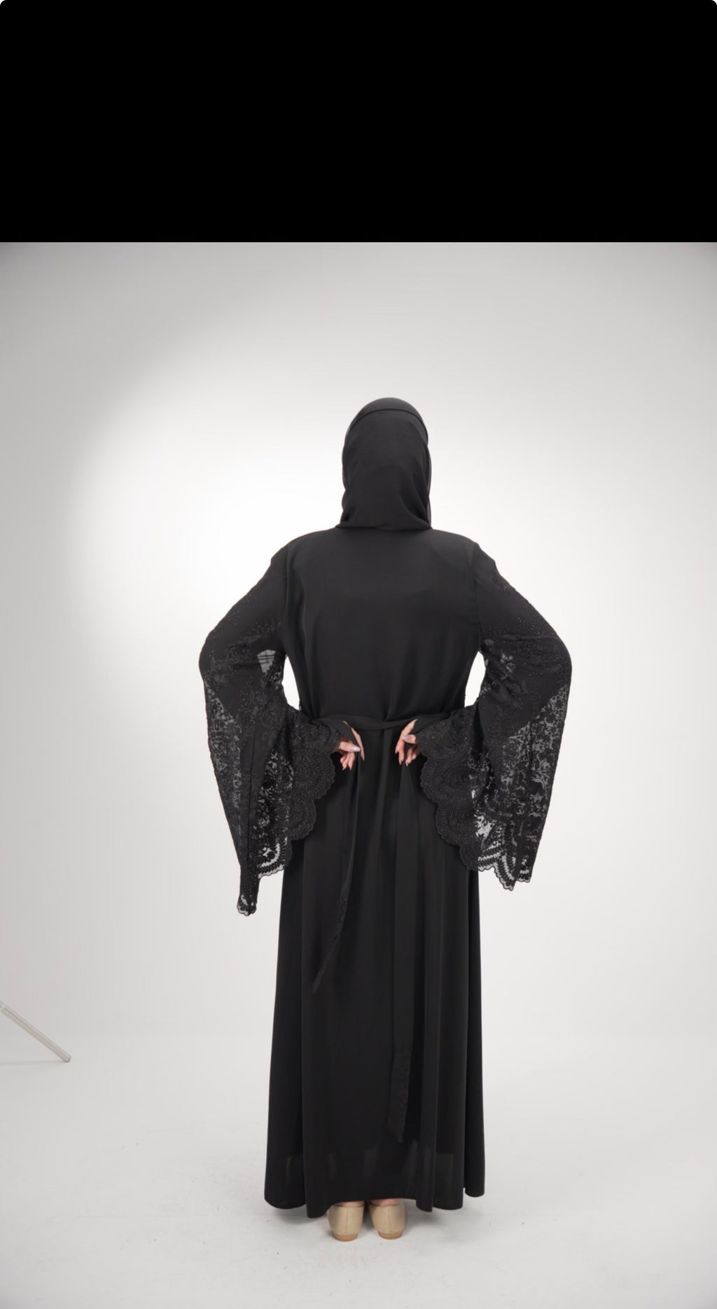 Elegant Midnight Noir Abaya with Scalloped Lace Bell Sleeves