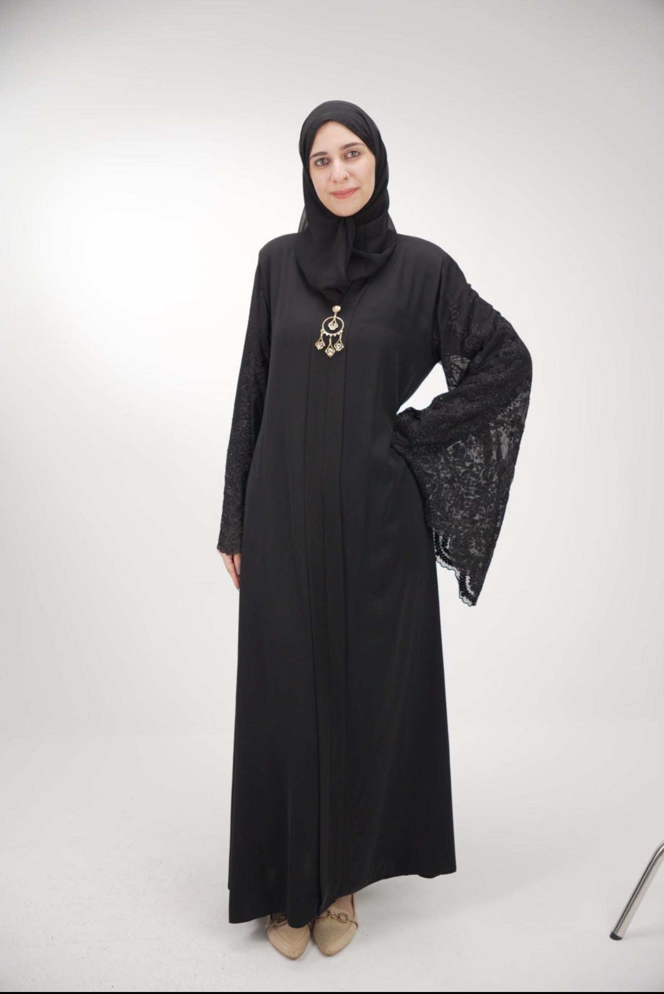 Elegant Midnight Noir Abaya with Scalloped Lace Bell Sleeves