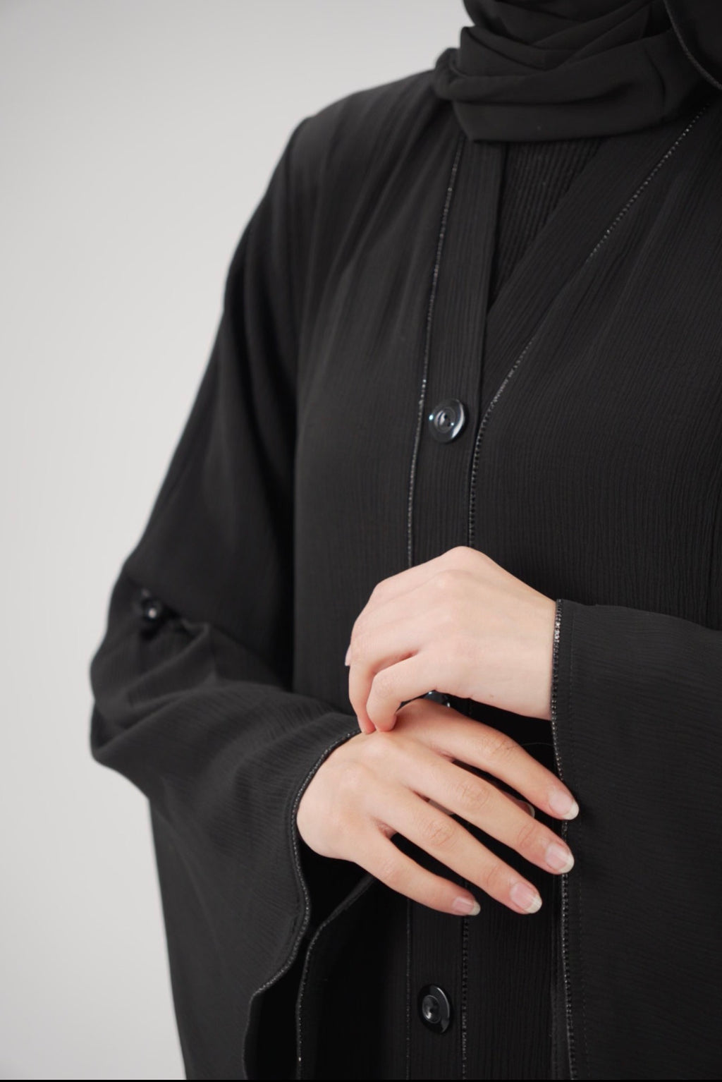 Noir Button-Front Abaya with Wide Kimono Sleeves