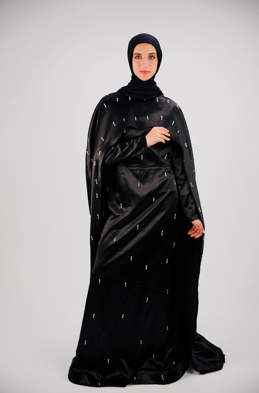 Black Crystal-Embellished Cape two piece Dress