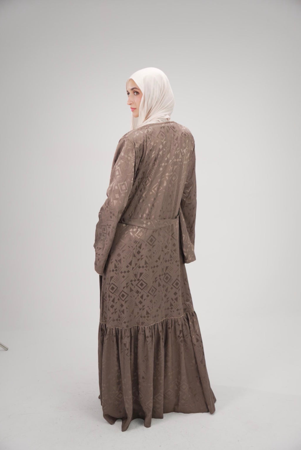 Geometric two piece Luxe Open Abaya – Earth Tones & Satin Finish Mocha Brown