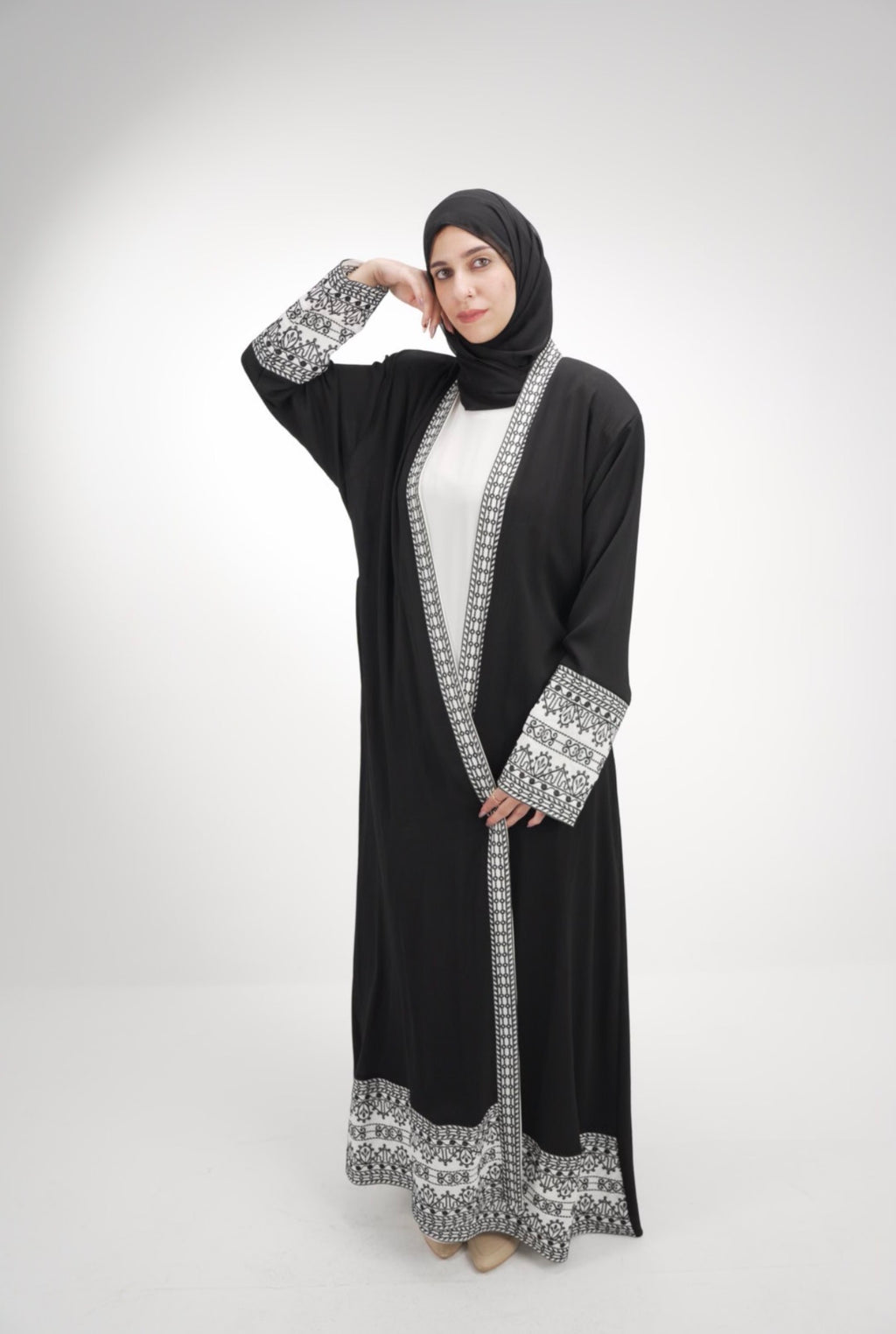 Elegant Black & Ivory Embroidered Abaya