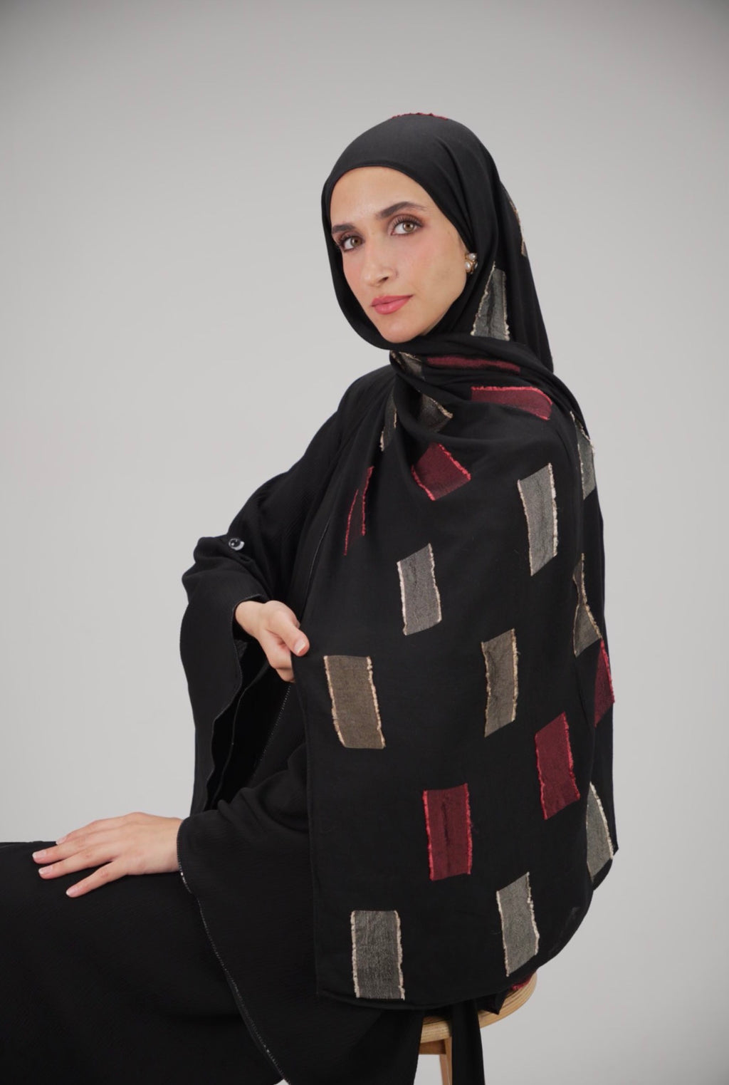 Luxury Embroidered Cotton Scarf Black with Burgundy & Gold Accents