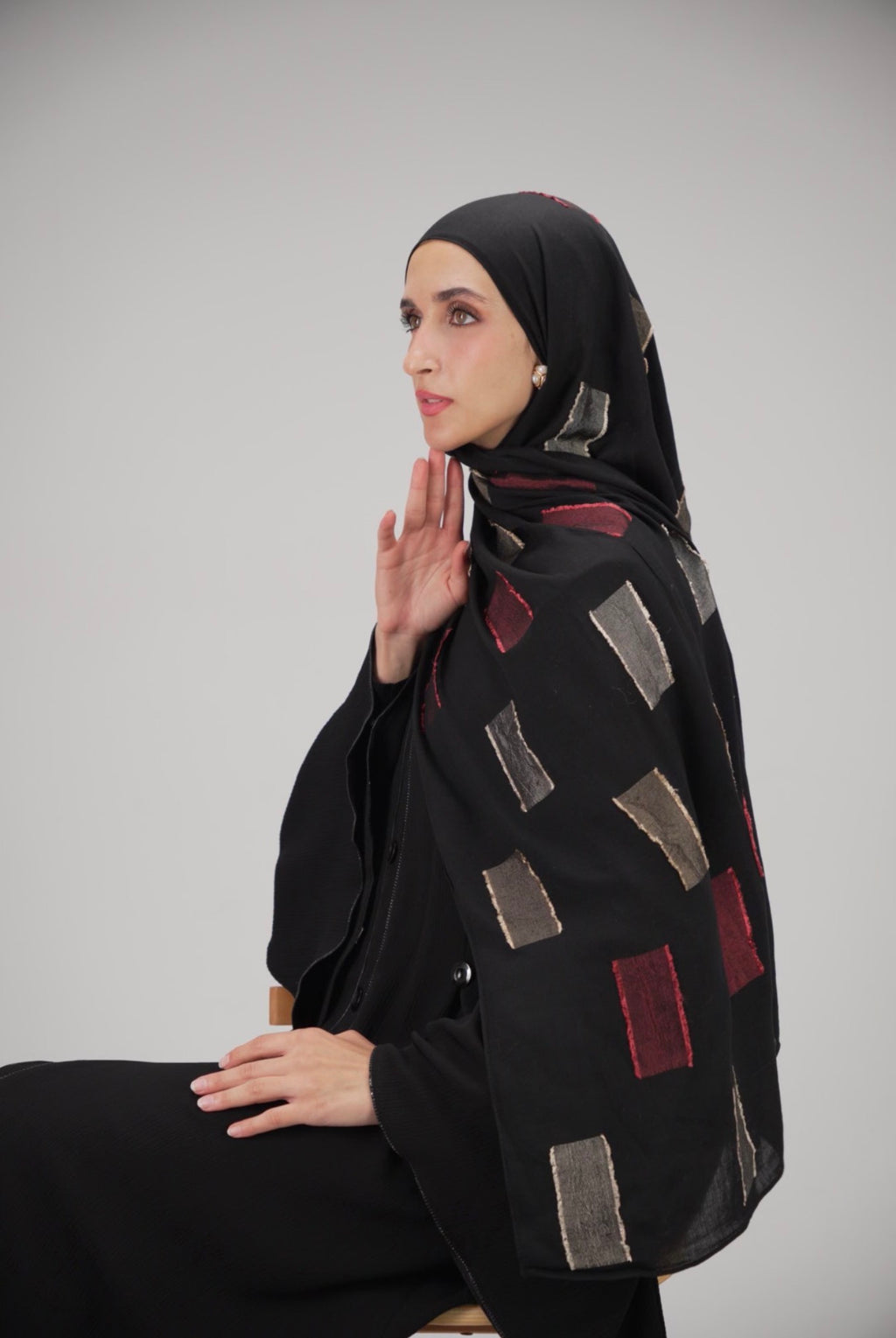 Luxury Embroidered Cotton Scarf Black with Burgundy & Gold Accents