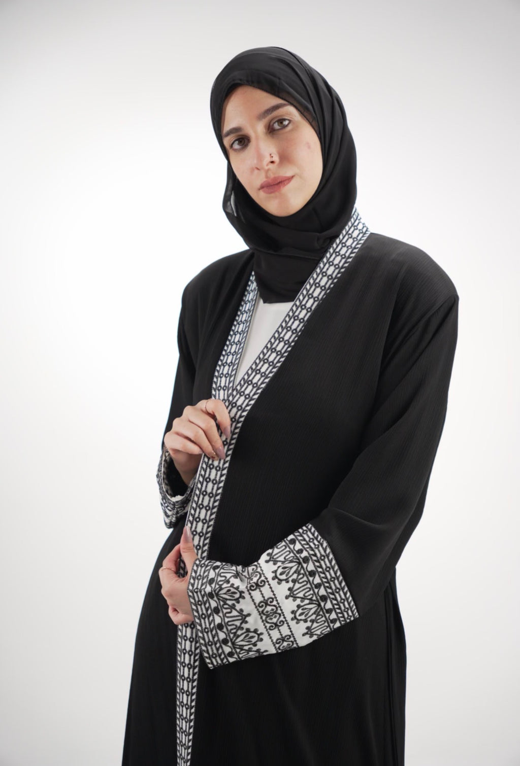 Elegant Black & Ivory Embroidered Abaya