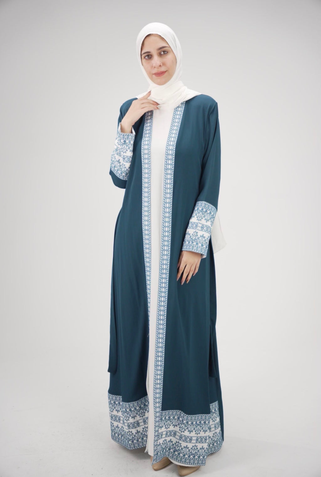 Elegant Light petrol blue & Ivory Embroidered Abaya