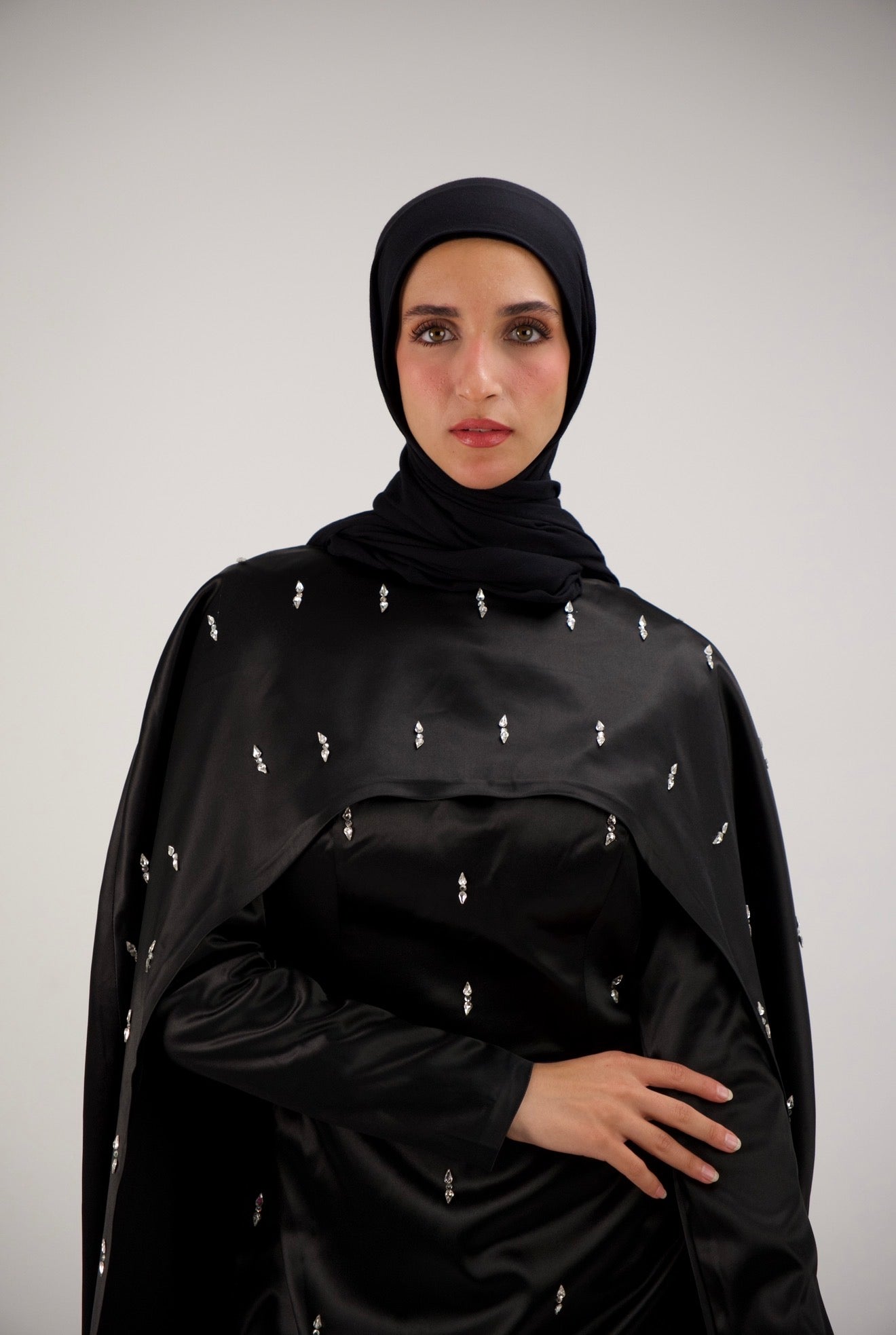 Black Crystal-Embellished Cape two piece Dress