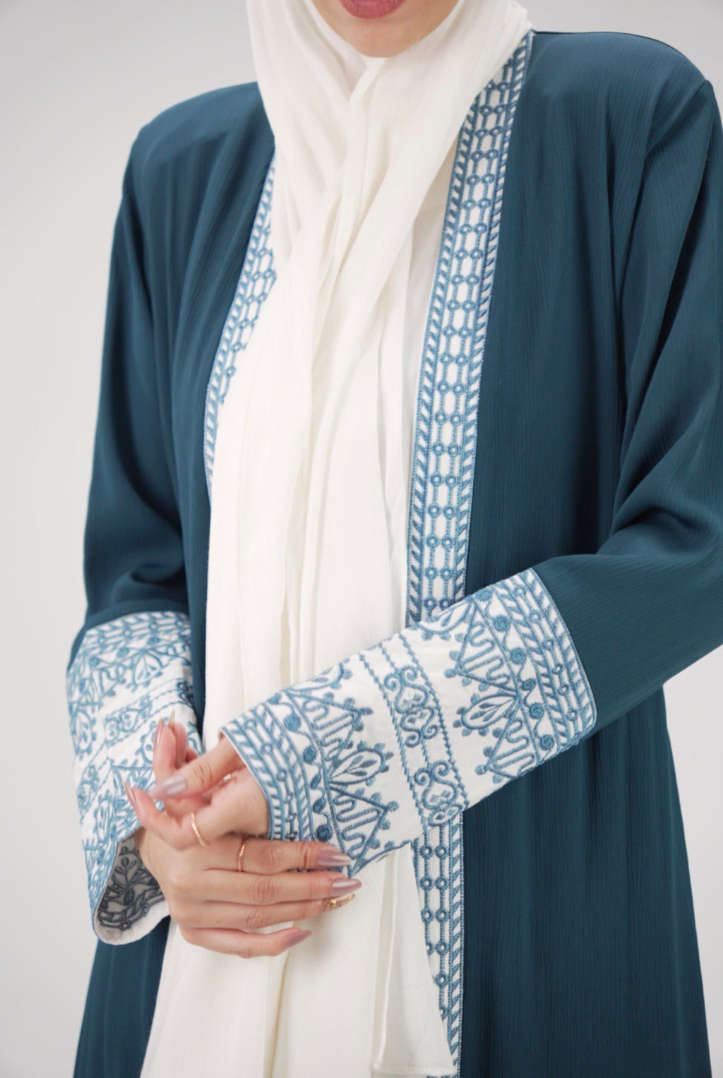 Elegant Light petrol blue & Ivory Embroidered Abaya